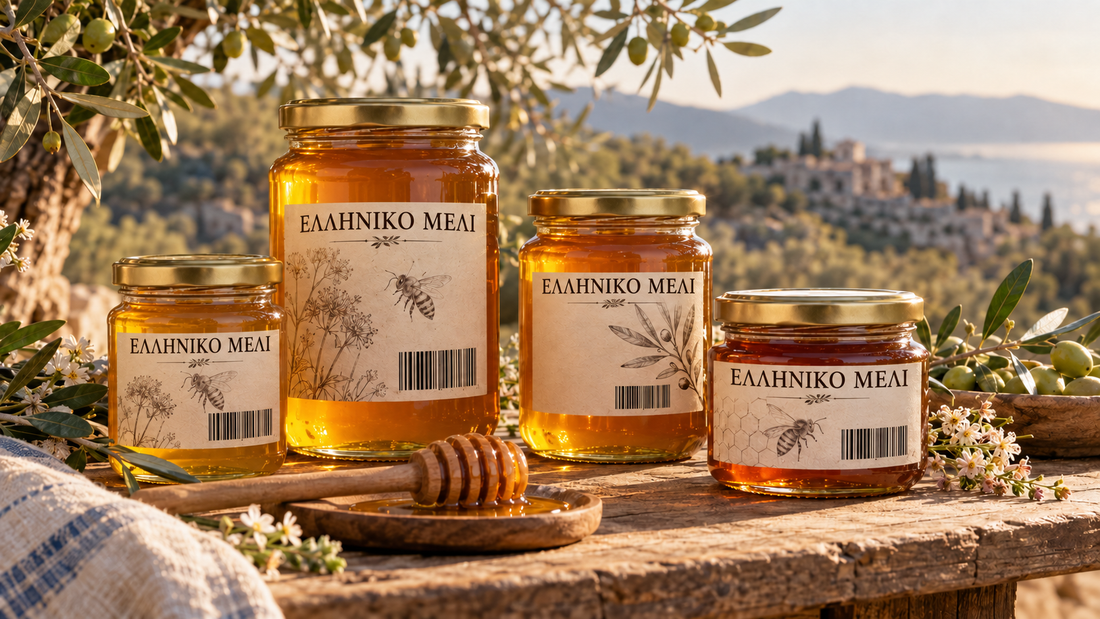 Βάζα ελληνικού μελιού σε διαφορετικά μεγέθη