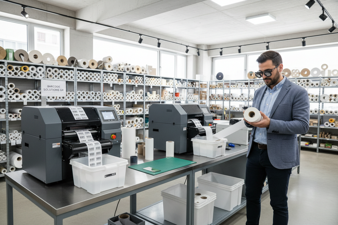 Εκτύπωση barcode σε ρολά αυτοκόλλητων ετικετών για προϊόντα