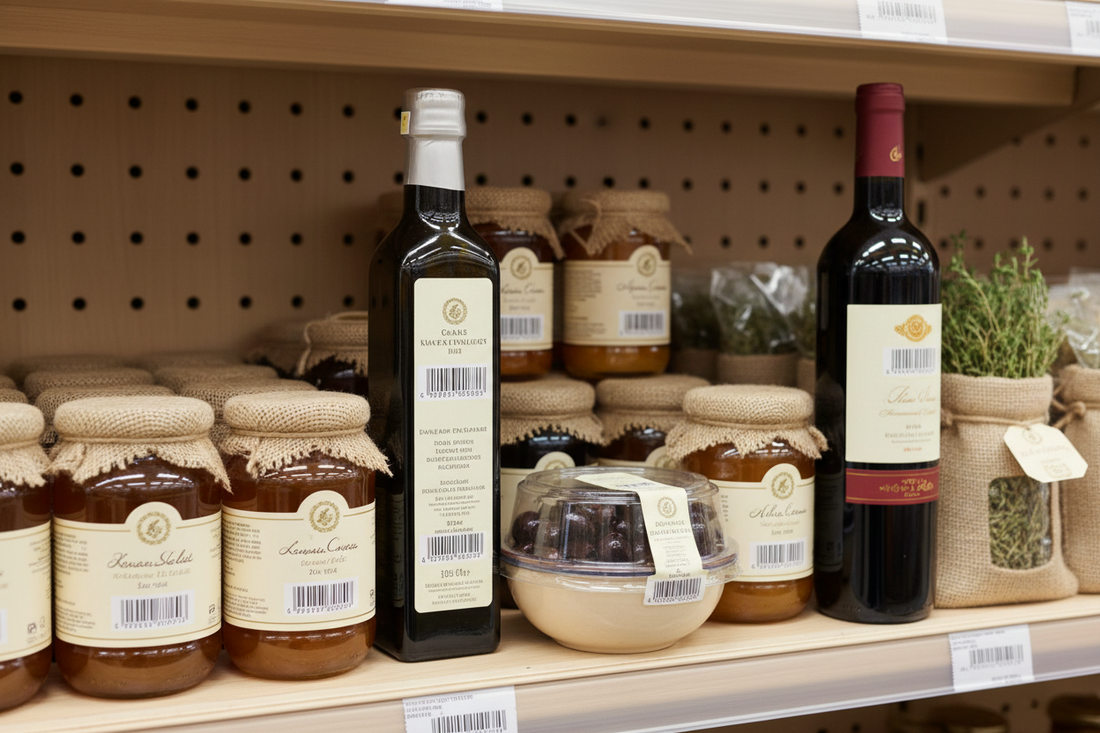 Συσκευασμένα προϊόντα τροφίμων με barcode EAN-13 έτοιμα για πώληση.