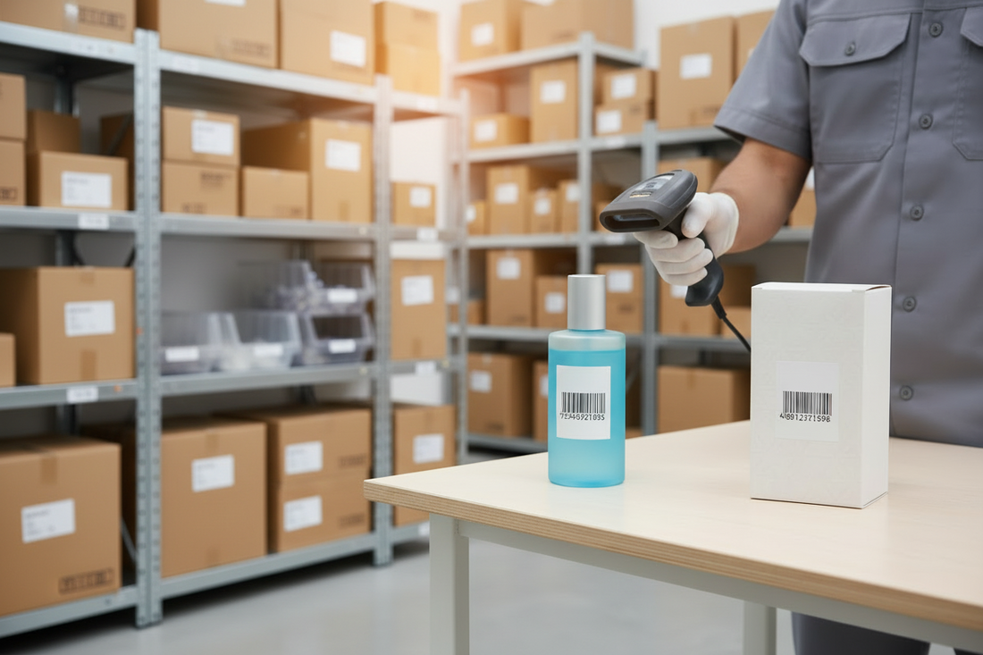 Δύο διαφορετικά προϊόντα με μοναδικά barcodes σαρώνoνται σε σύγχρονο χώρο αποθήκης.