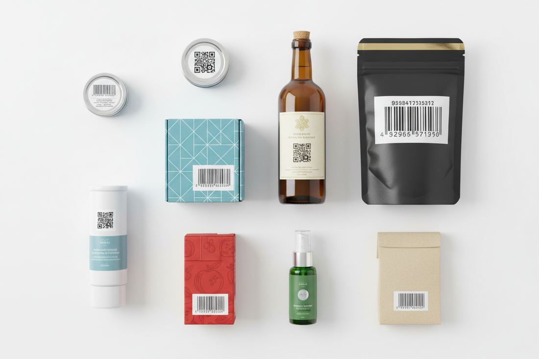 Several different retail products (different sizes, colors and packaging) each displaying its own barcode.